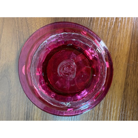 Rossi Glass Cranberry Glass Relish Bowl Etched SIGNED shallow wide-mouthed - Picture 6 of 9